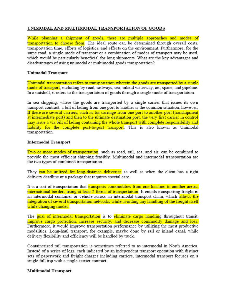 Unimodal vs Multimodal Transportation | PDF | Cargo | Transport