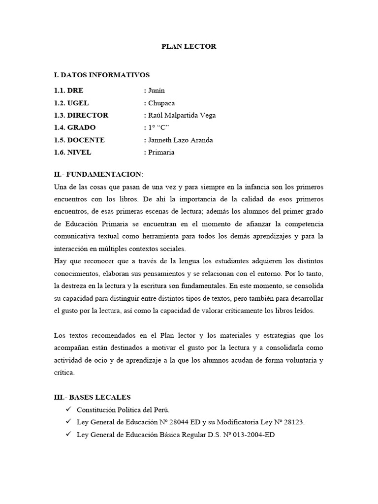 Plan Lector para Primer Grado Primaria | PDF | Educación primaria ...