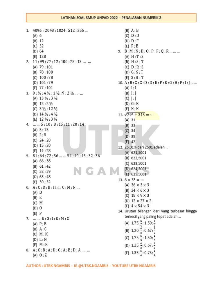 Latihan Soal Penalaran Numerik SMUP 2022 | PDF