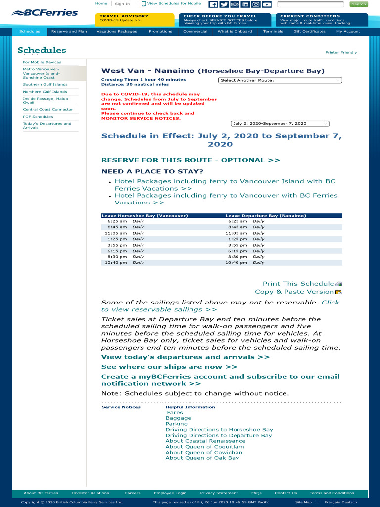 BC Ferries Schedules West Van Nanaimobr (Horseshoe BayDeparture Bay