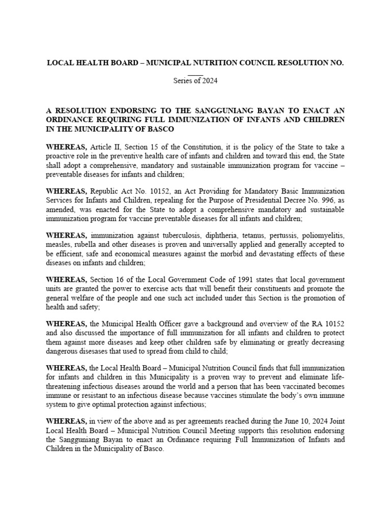 Immunization Ordinance for Basco Children | PDF | Preventive Healthcare ...