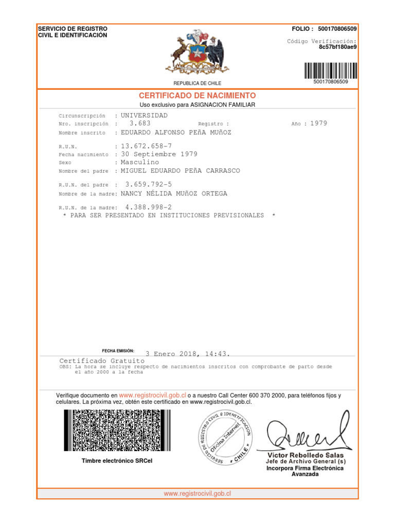Certificado de Nacimiento Chile 1979 | PDF