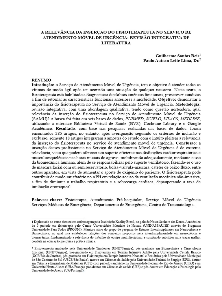 A relev ncia da inser o do fisioterapeuta no servi o de atendimento
