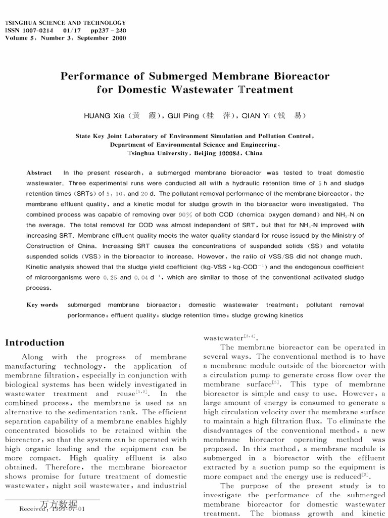 performance-of-submerged-membrane-bioreactor-for-domestic-wastewater