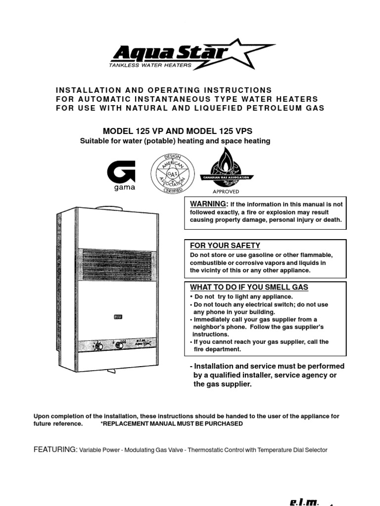 AquaStar 125vp Manual | PDF | Water Heating | Tap (Valve)