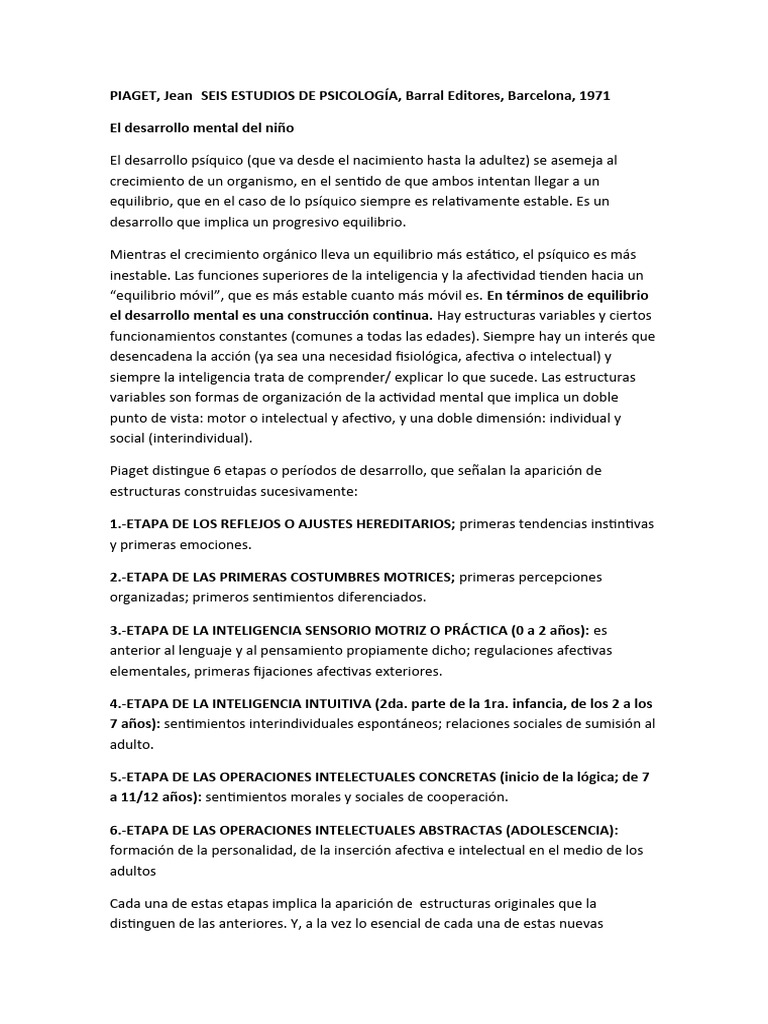Piaget seis estudios de psicolog a pdf pensamiento percepci n