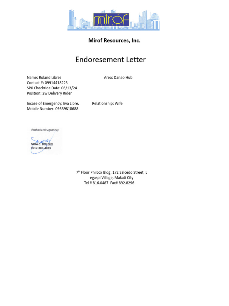 Mirof Resources Inc. Endorsement Letter | PDF