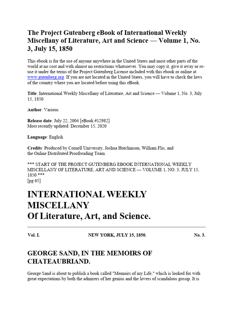 International Weekly Miscellany of Literature Art and Science Volume 1 No. 3 July 15 1850 | PDF ...