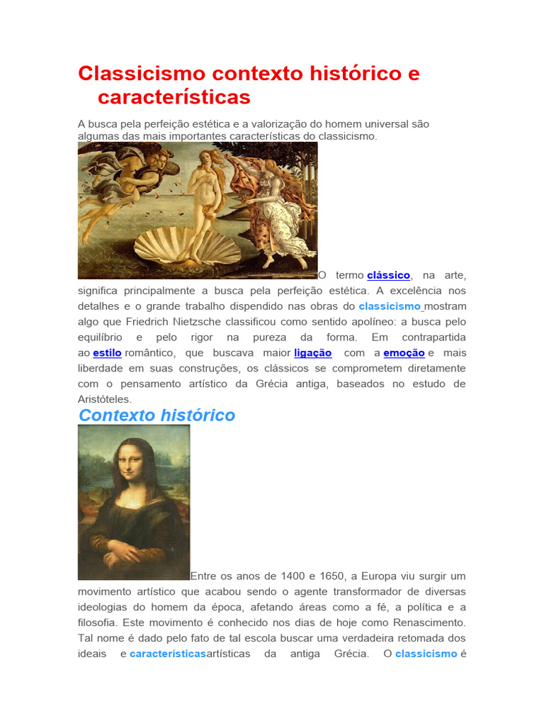 Classicismo Contexto Historico e Caracteristicas | PDF | Classicismo ...