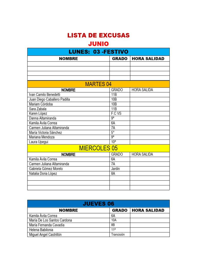 Listas de Excusas de Junio 4 Al 7 | PDF