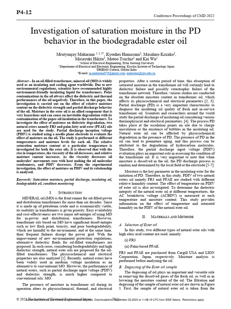 Moisture Impact on Ester Oil PDIV | PDF | Transformer | Applied And ...