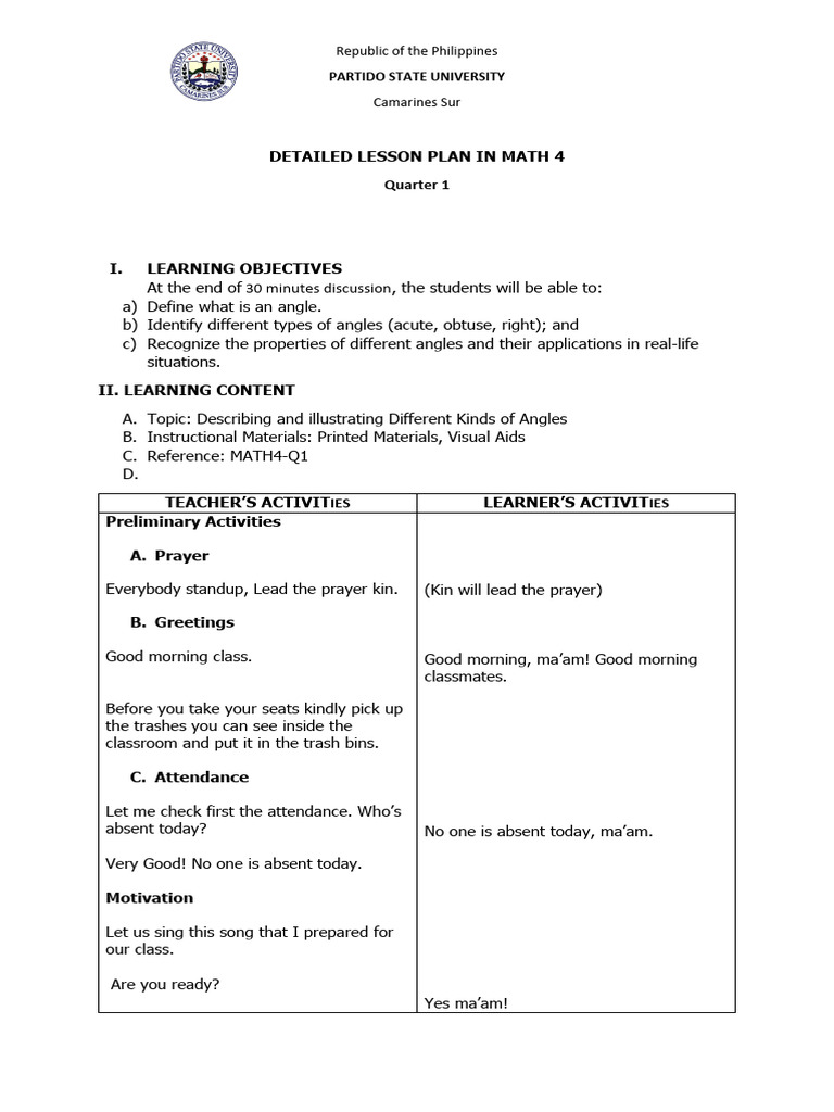 Math 4 Lesson Plan: Understanding Angles | PDF | Angle | Lesson Plan