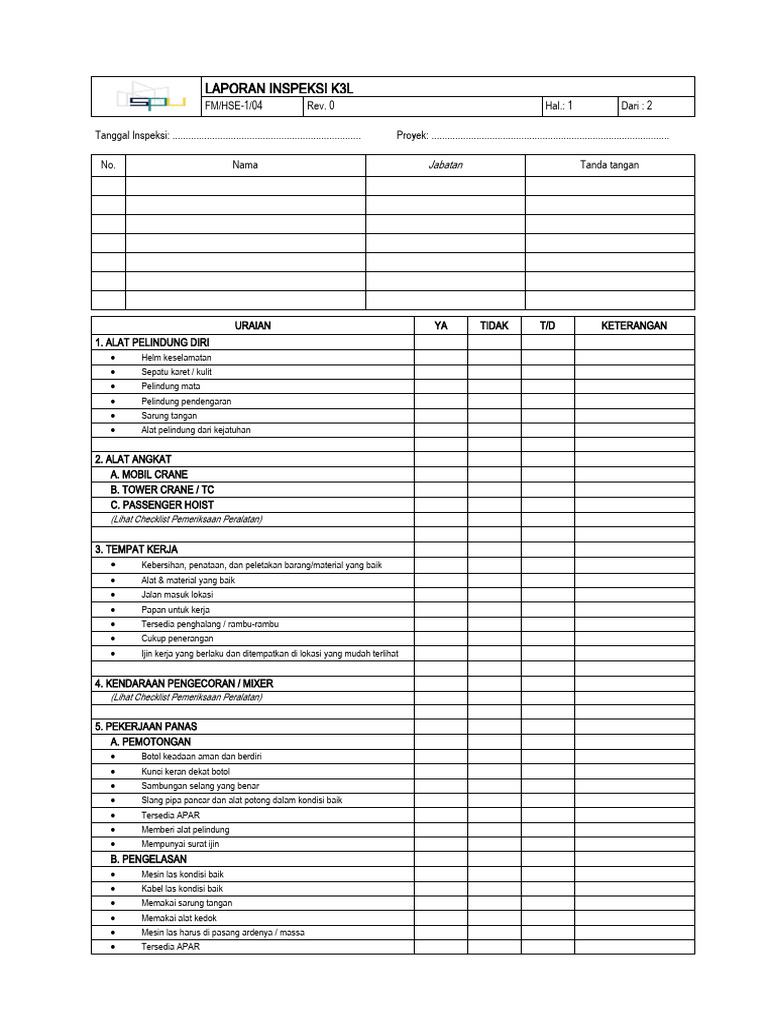 Laporan Inspeksi K3L Proyek Keselamatan | PDF