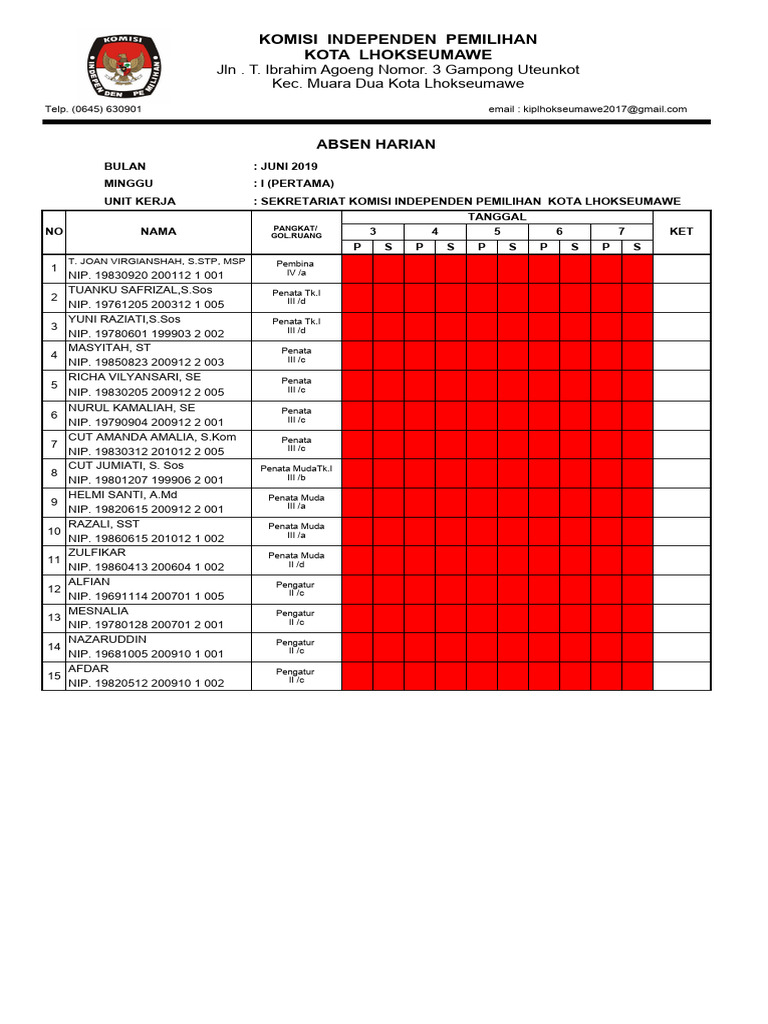 Absen Harian KIP Lhokseumawe 2019 | PDF