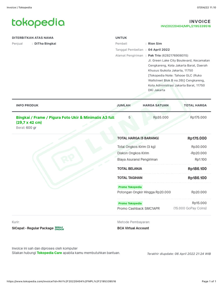 Invoice tokopedia pdf