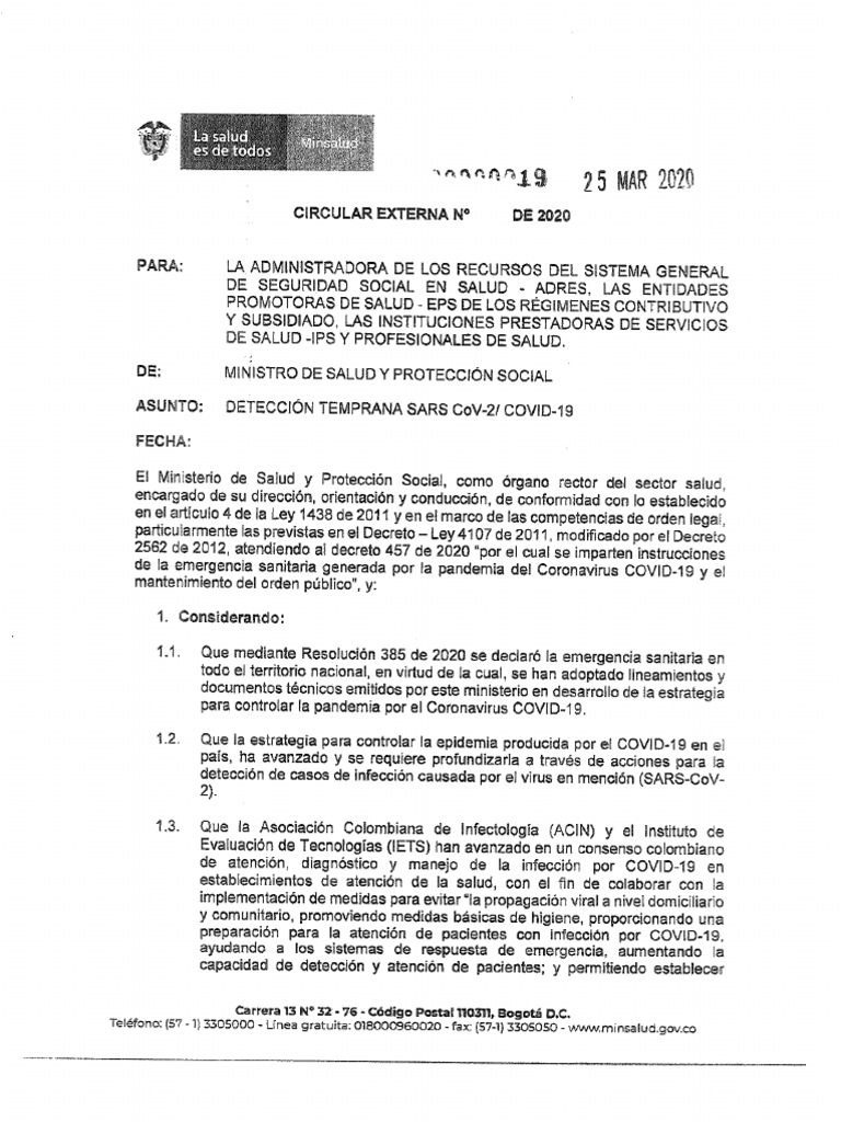 Circular Externa 019 25 Marzo 2020 | PDF