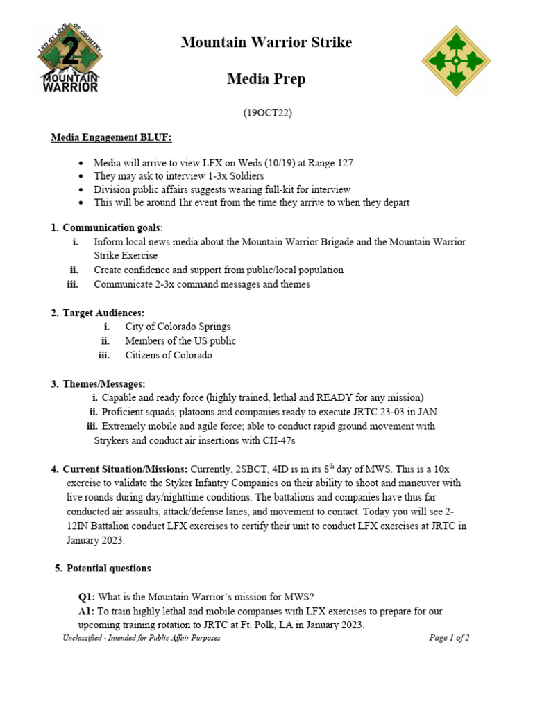 Media Engagment Prep For MWS (2SBCT - 4ID) | PDF | Military | Military ...