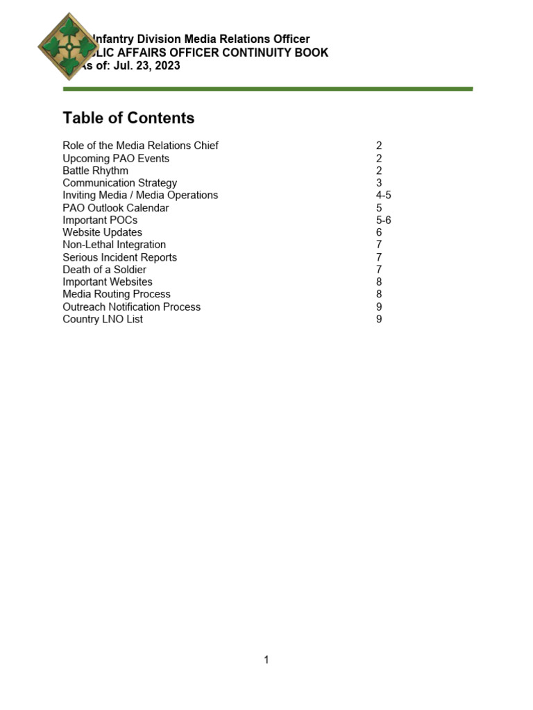 Media Relations PAO ContinuityBook 23JUL23 | PDF | Military | National ...