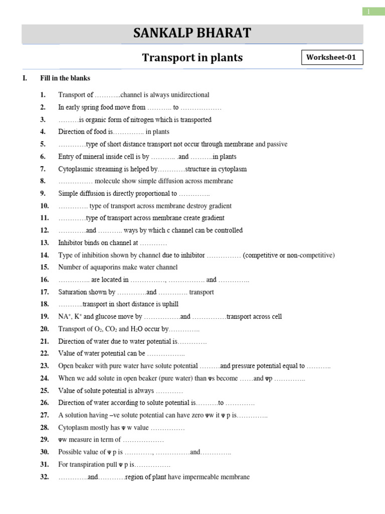 Worksheet - 01 - Transport in Plant - Botany | PDF | Osmosis | Cell Biology