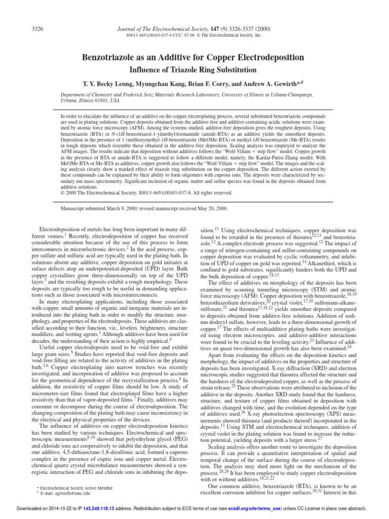 Influence of Benzotriazole on Copper Electrodeposition | PDF | Atomic ...
