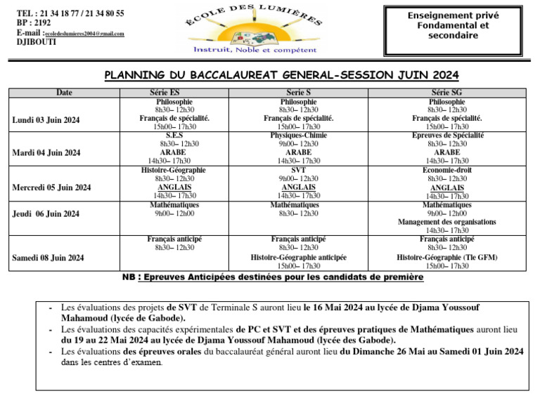 Planning Bac 2024 - Lycée Djama Youssouf | PDF | Docimologie | Écoles