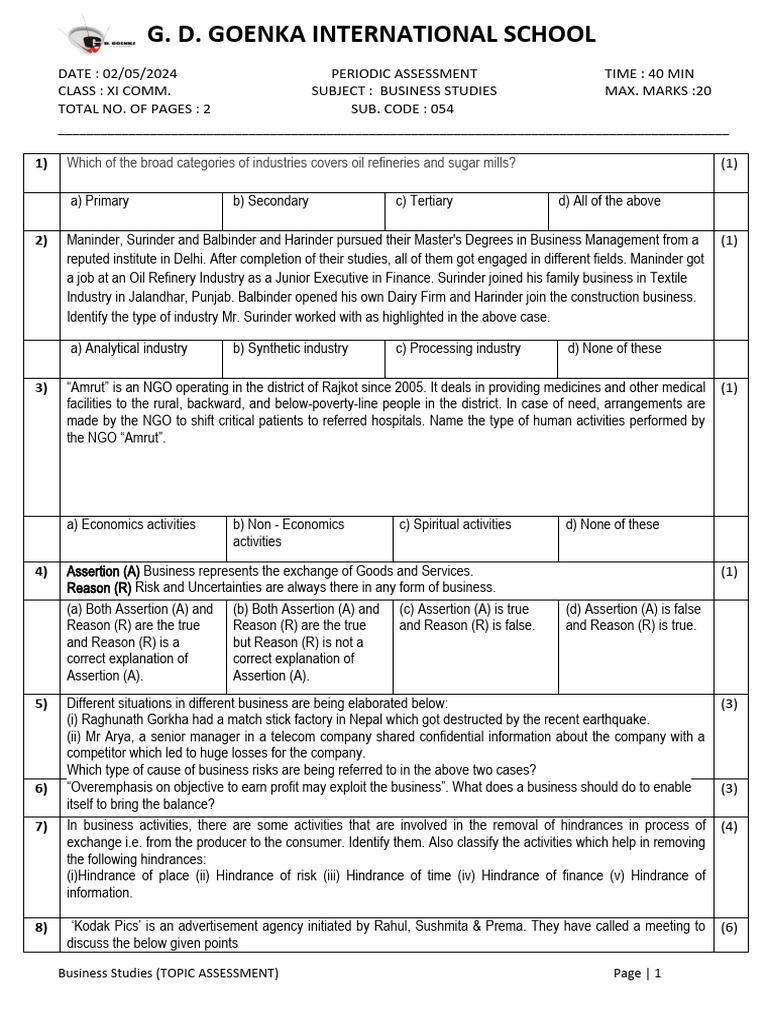 CH 1 Class 11 BST Test-02-05-2024 | PDF | Economies | Business