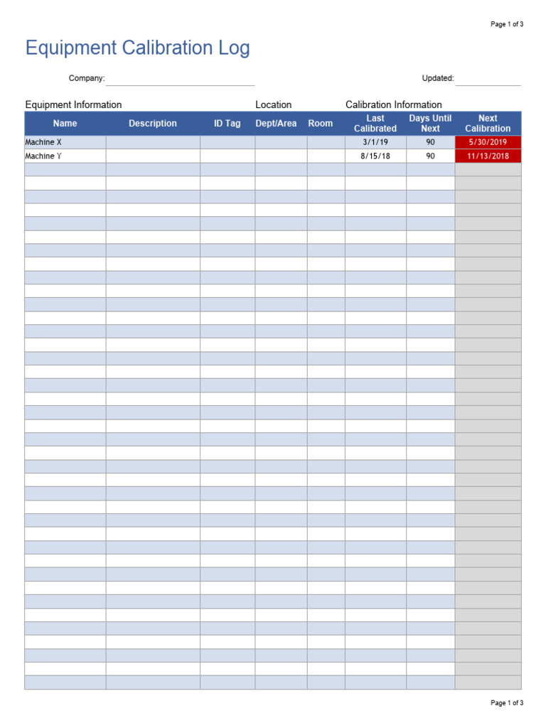 Equipments Calibration Log PDF