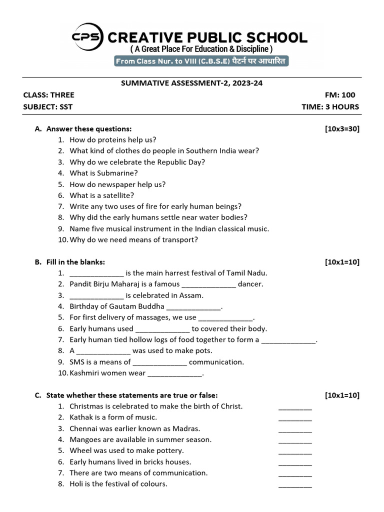 Summative assessment 2 2023 24 class three fm 100 subject sst time