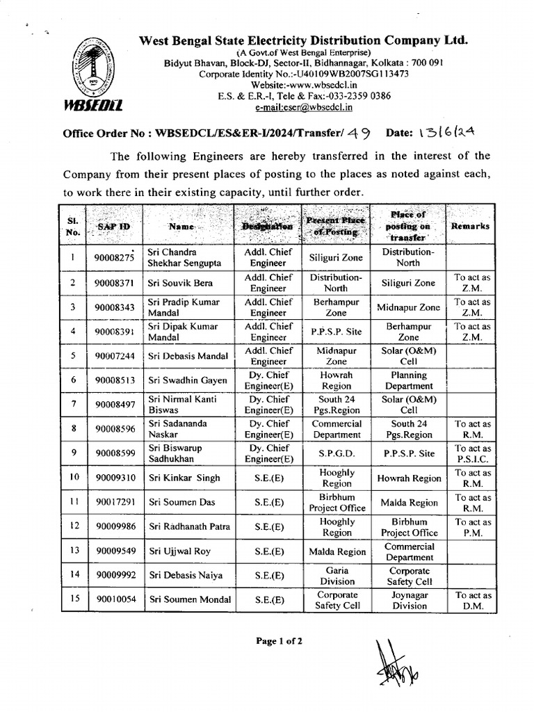 Transfer Office Order No. 49, Dt. 13.06.2024 PDF Bengal