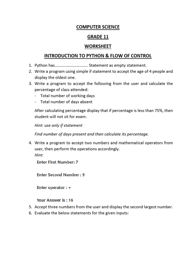 Class 11 Python Worksheet | PDF | Computers