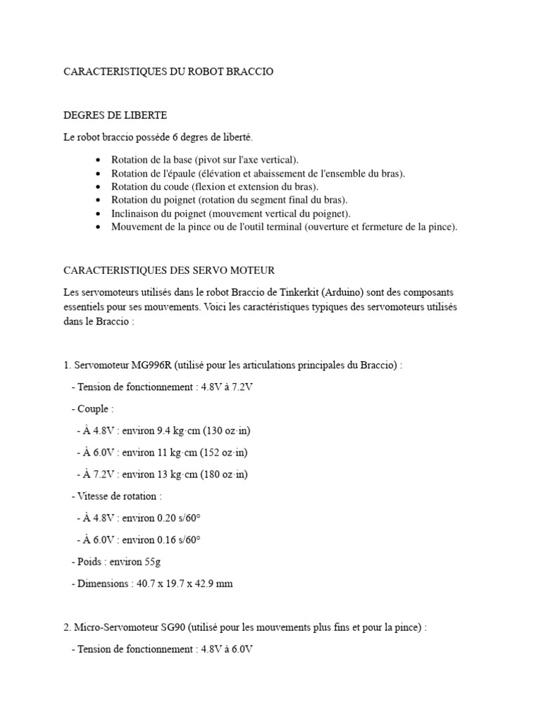 Caractéristiques du Robot Braccio | PDF | Poids | Rotation
