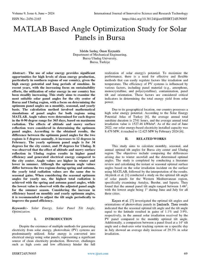 MATLAB Based Angle Optimization Study For Solar Panels in Bursa | PDF ...