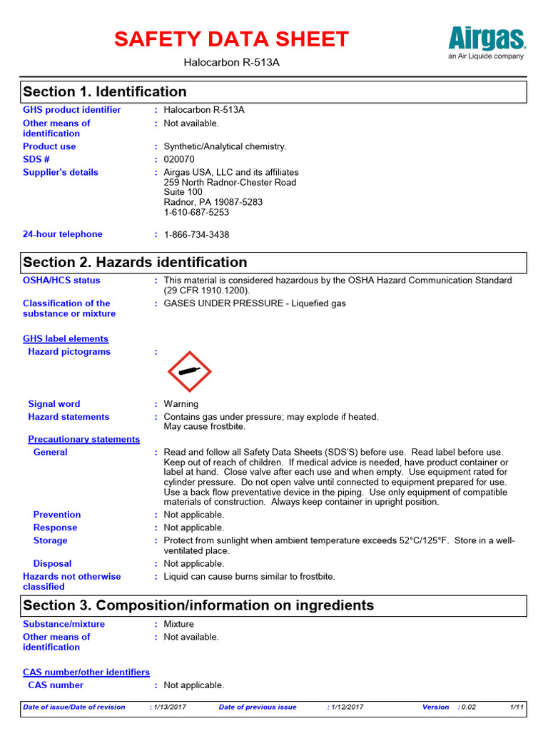 Safety Data Sheet for R-513A | PDF | Dangerous Goods | Personal ...
