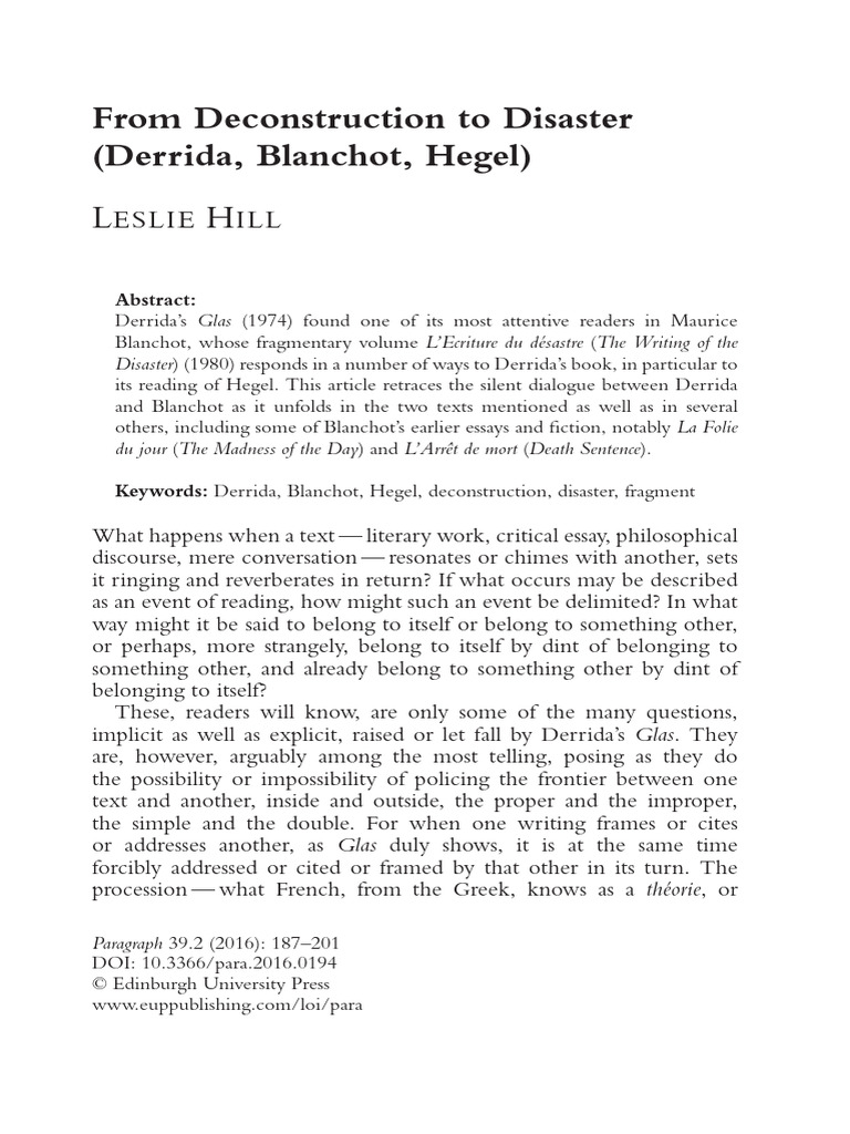 Hill Derrida Blanchot Hegel Deconstruction Disaster  PDF  Jacques 