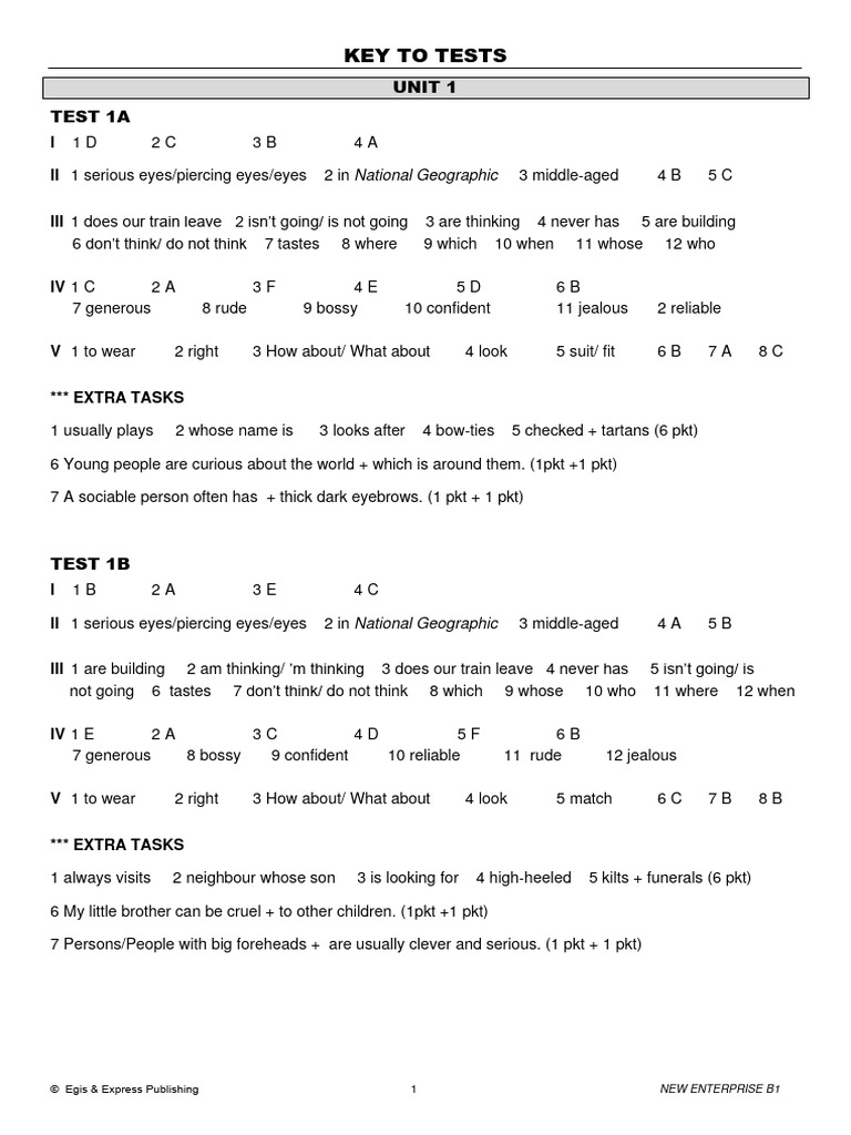 New Enterprise B1 Test Answers | PDF | Cooking, Food & Wine