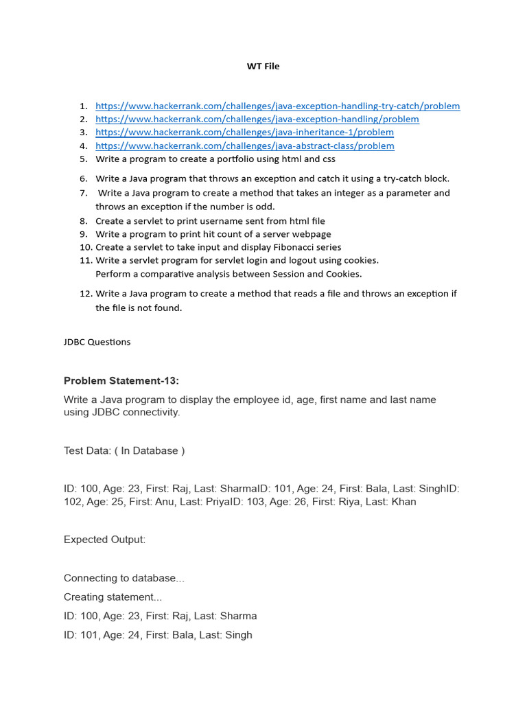 Java Exception Handling and JDBC Tasks | PDF | Computer Data ...