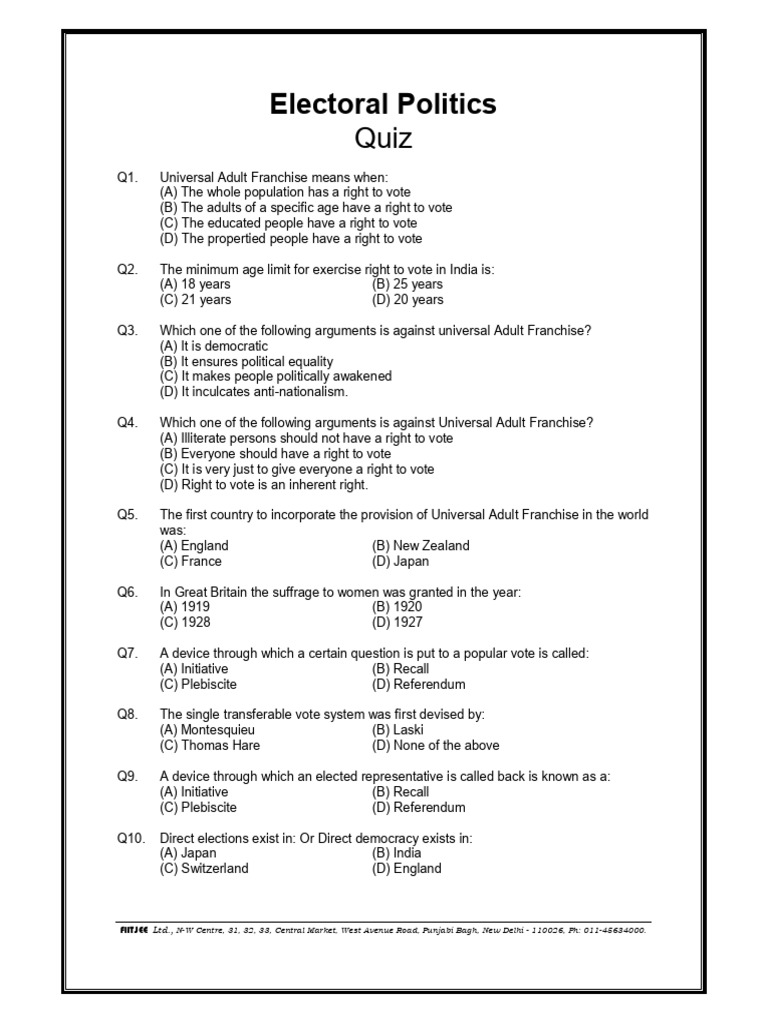 Electoral Politics Quiz Questions | PDF | Suffrage | Voting