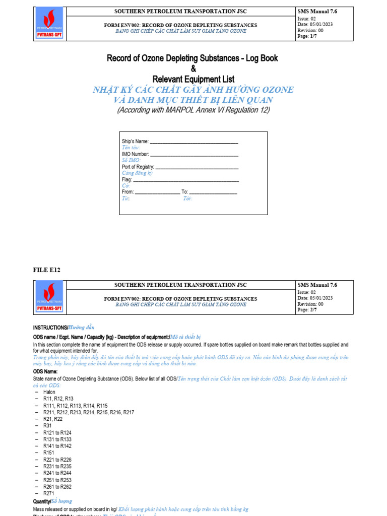Form ENV002 Record of Ozone Depleting Substances | PDF