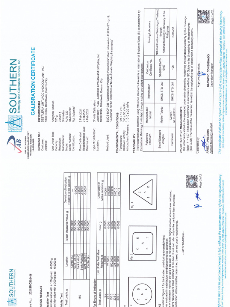 Calibration Certificate 2021 Analytical Balance LAB PDF