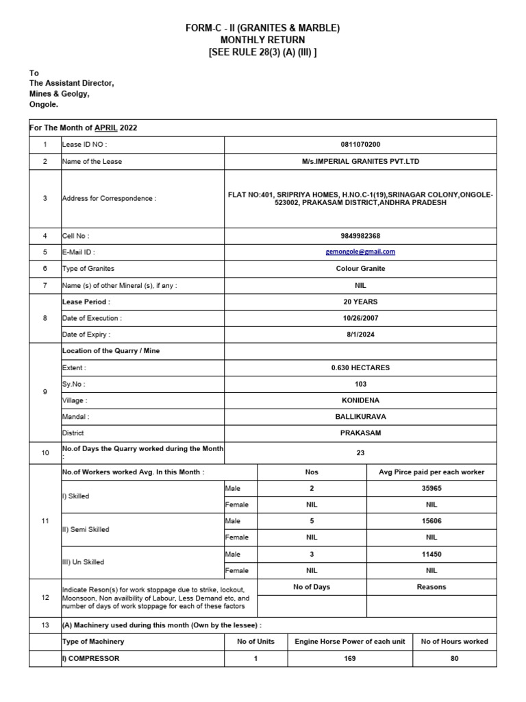 Form-C - Ii (Granites & Marble) Monthly Return (SEE RULE 28 (3) (A ...