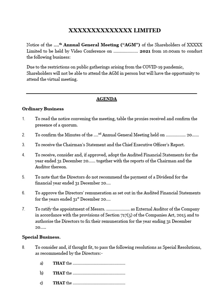 AGM Notice for Shareholders 2021 | PDF | Governance | Business
