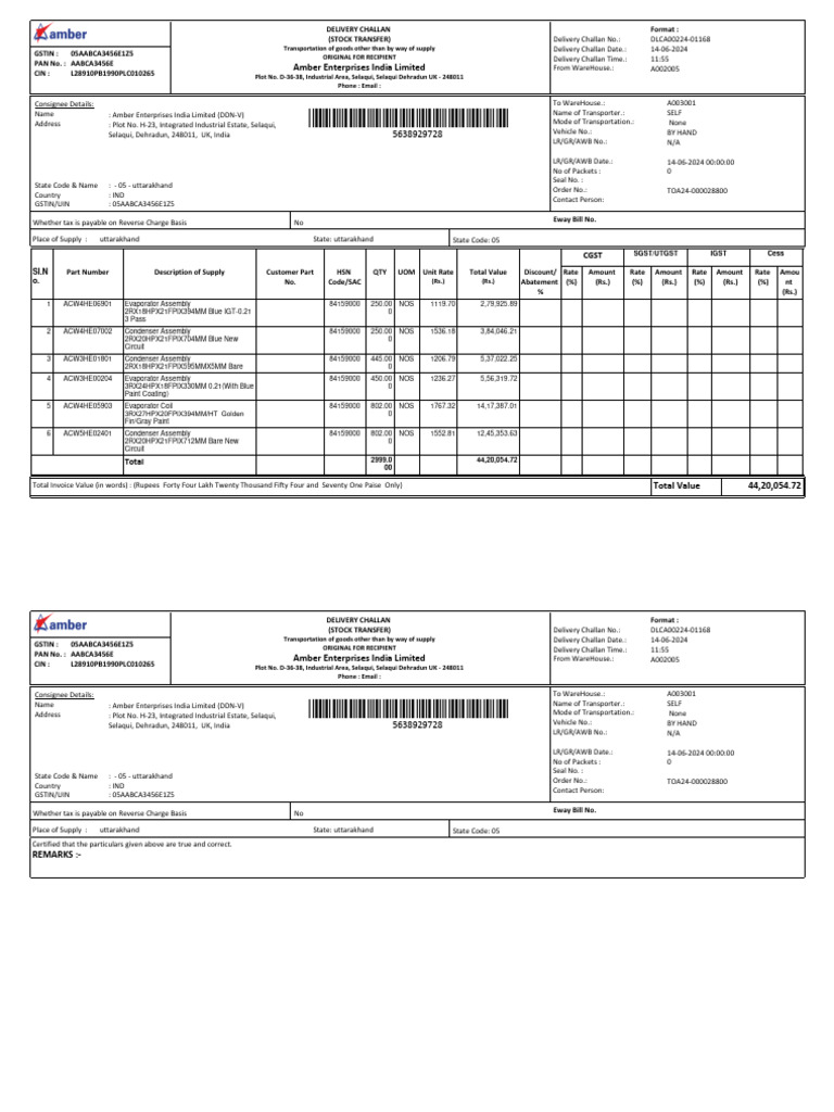 Stock Transfer Delivery Challan Template | PDF | Taxes | Government ...