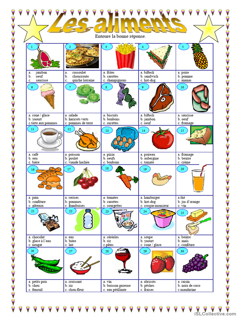 Exercices sur les Aliments en Français | PDF | Cuisine | Nourritures