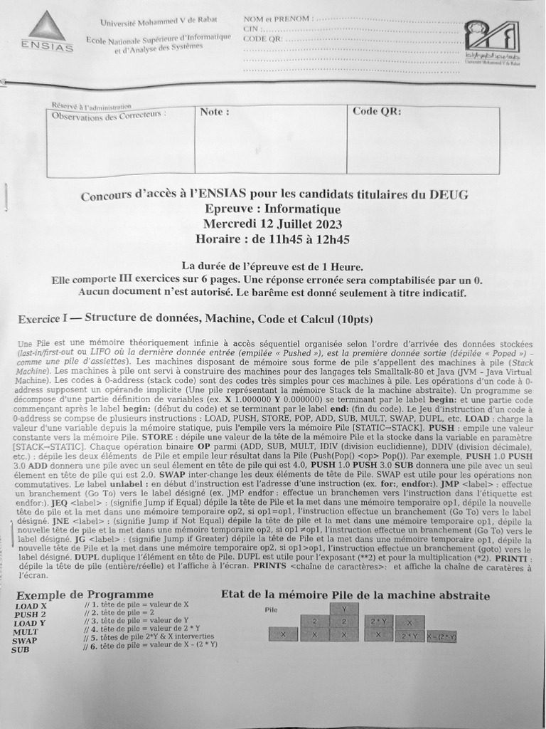 Concours Informatique ENSIAS 2023 | PDF