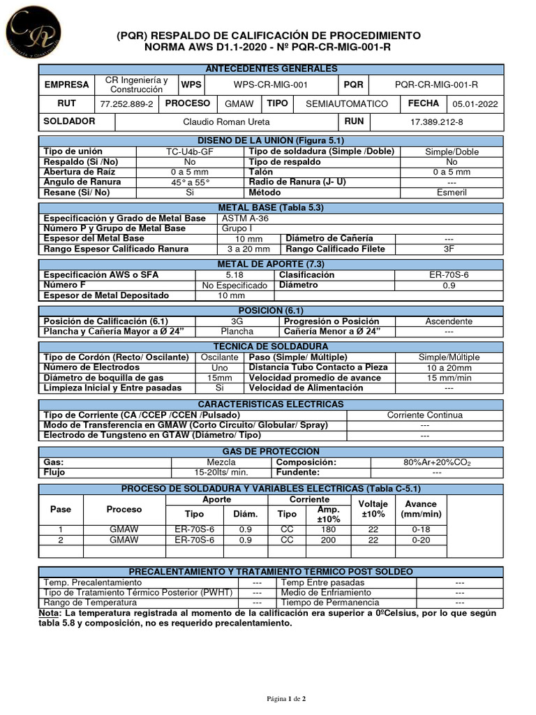 Calificación PQR AWS D1.1-2020 GMAW | PDF | Soldadura | Construcción
