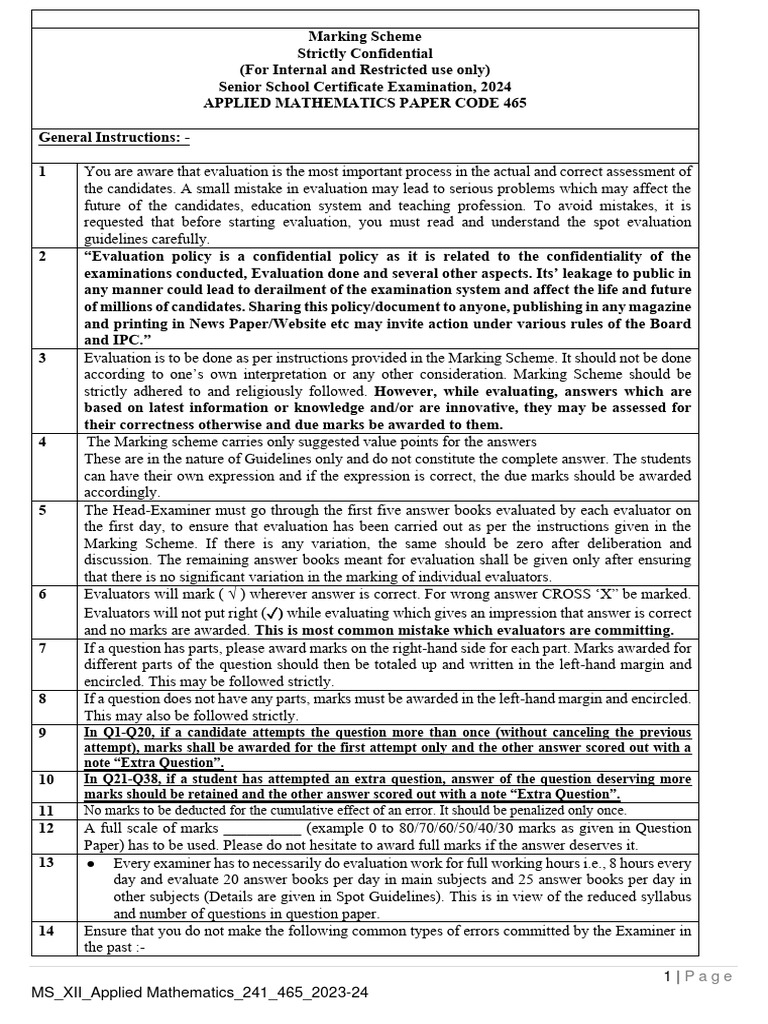 Class 12 Applied Maths Marking Scheme 2024 | PDF | Evaluation ...