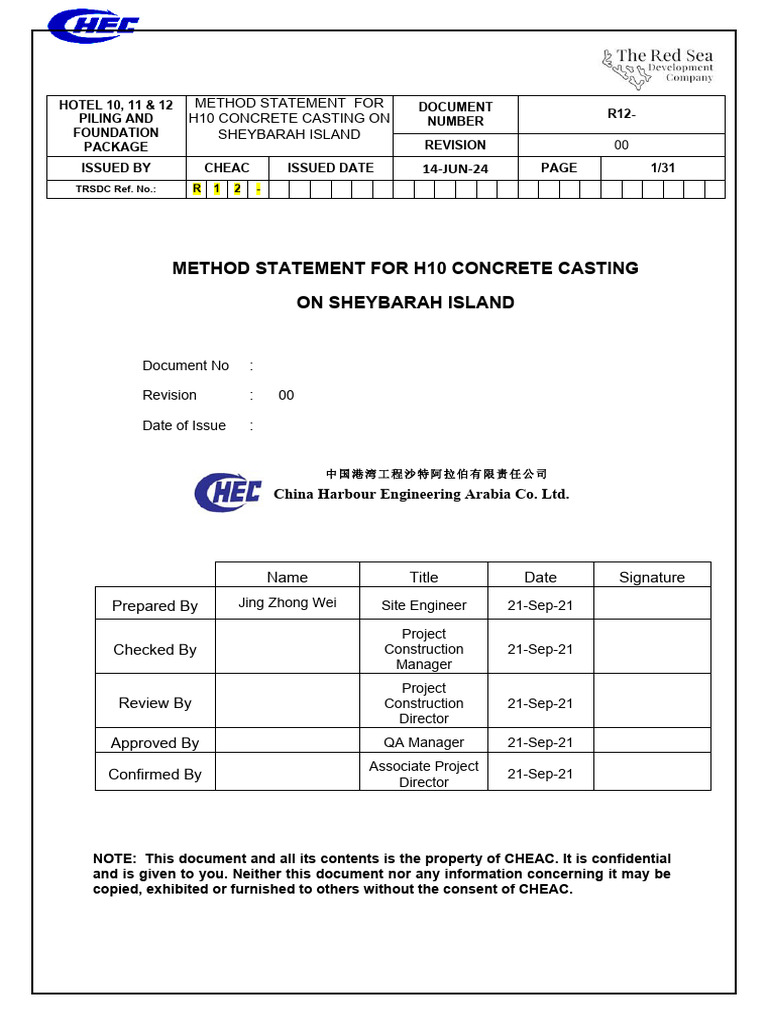 Method Statement For H10 Concrete Casting On Sheybarah Island | PDF ...
