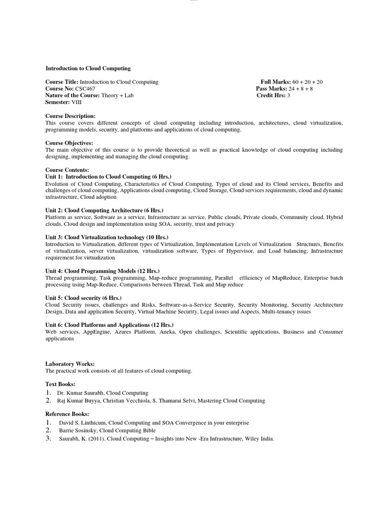 Introduction To Cloud Computing Csc 467 Syllabuls Pdf Cloud
