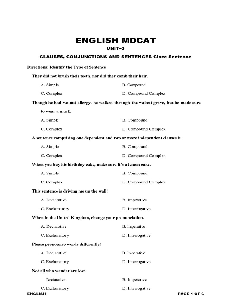 PT 01 Clauae, Conjunction & Sentence Unsolved | PDF | Clause | Sentence ...