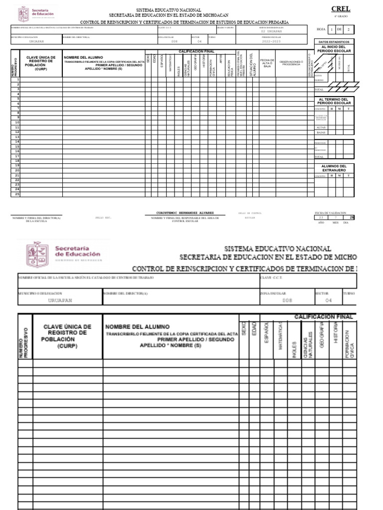 Control de Reinscripción 6° Grado CREL | PDF